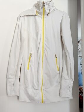 Women’s White Hoodie Jacket with Yellow Zip Accents